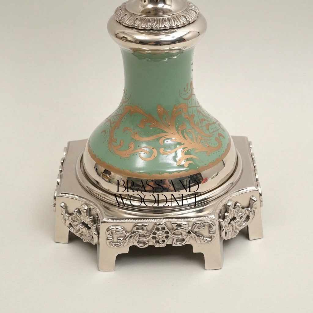 Neoclassical Celadon Ceramic Lidded Urn Vase with Gilt Brass Mounts & Floral Medallion — Silver