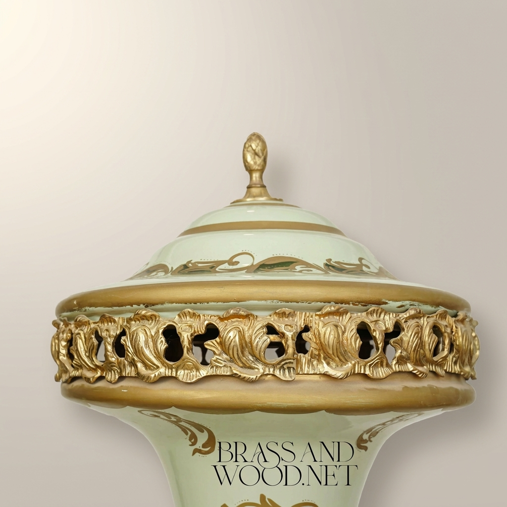 Neoclassical Celadon Ceramic Lidded Urn Vase with Hand-Painted Landscape & Brass Mounts — Antique Gold