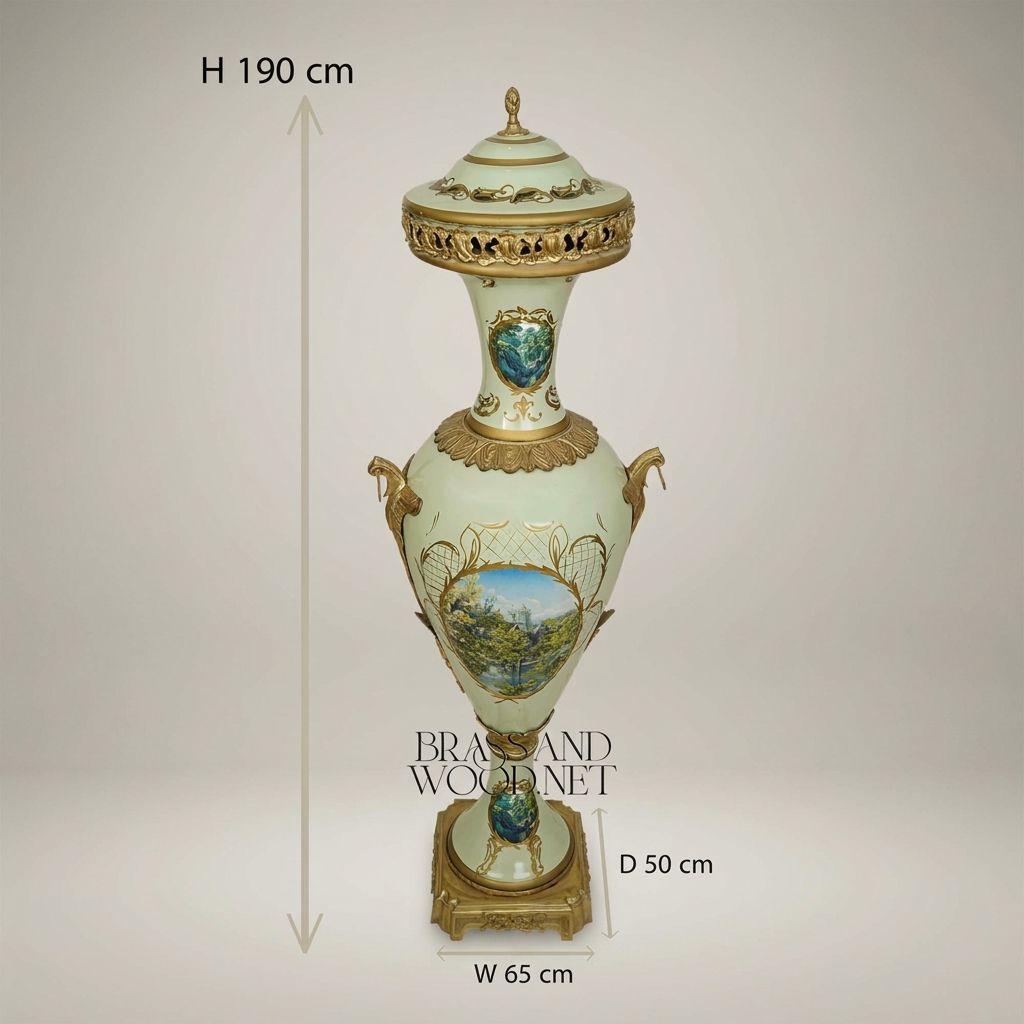 Neoclassical Celadon Ceramic Lidded Urn Vase with Hand-Painted Landscape & Brass Mounts — Antique Gold