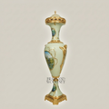 Neoclassical Celadon Ceramic Lidded Urn Vase with Hand-Painted Landscape & Brass Mounts — Gold