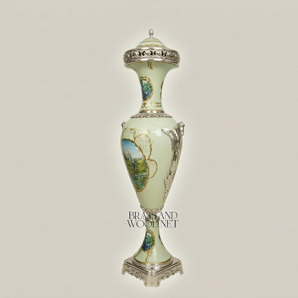 Neoclassical Celadon Ceramic Lidded Urn Vase with Hand-Painted Landscape & Brass Mounts — Silver