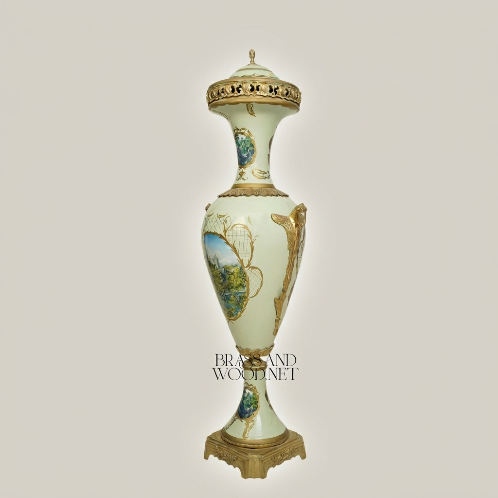 Neoclassical Celadon Ceramic Lidded Urn Vase with Hand-Painted Landscape & Brass Mounts — Antique Gold