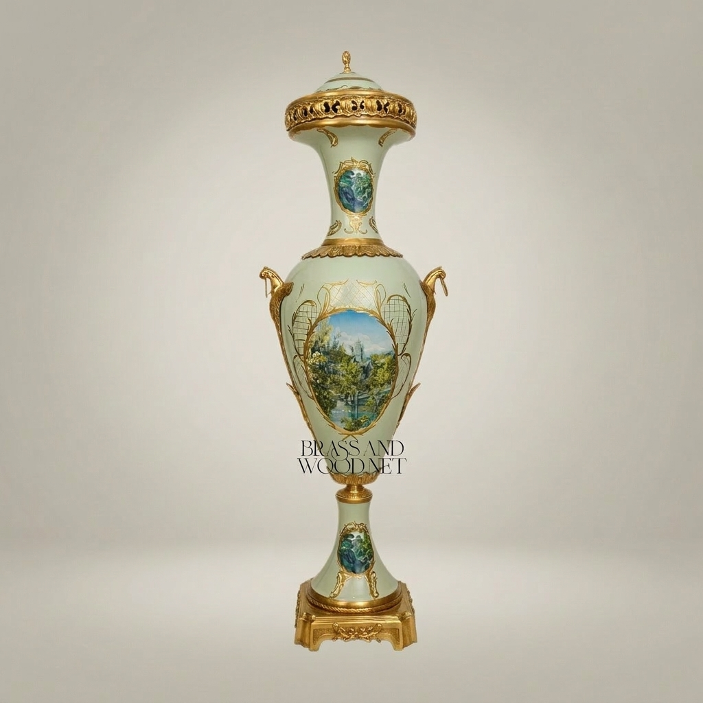 Neoclassical Celadon Ceramic Lidded Urn Vase with Hand-Painted Landscape & Brass Mounts — Gold