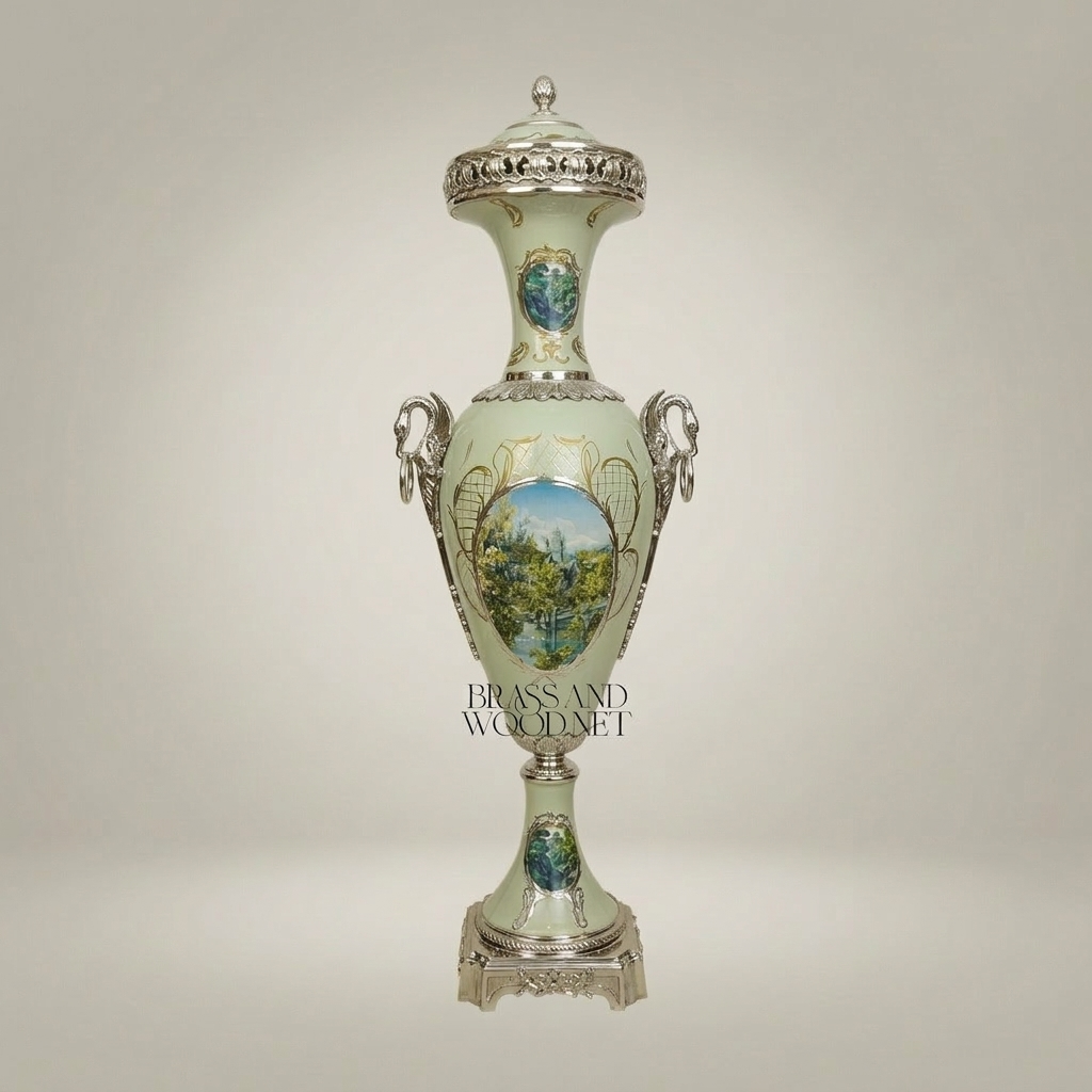 Neoclassical Celadon Ceramic Lidded Urn Vase with Hand-Painted Landscape & Brass Mounts — Silver