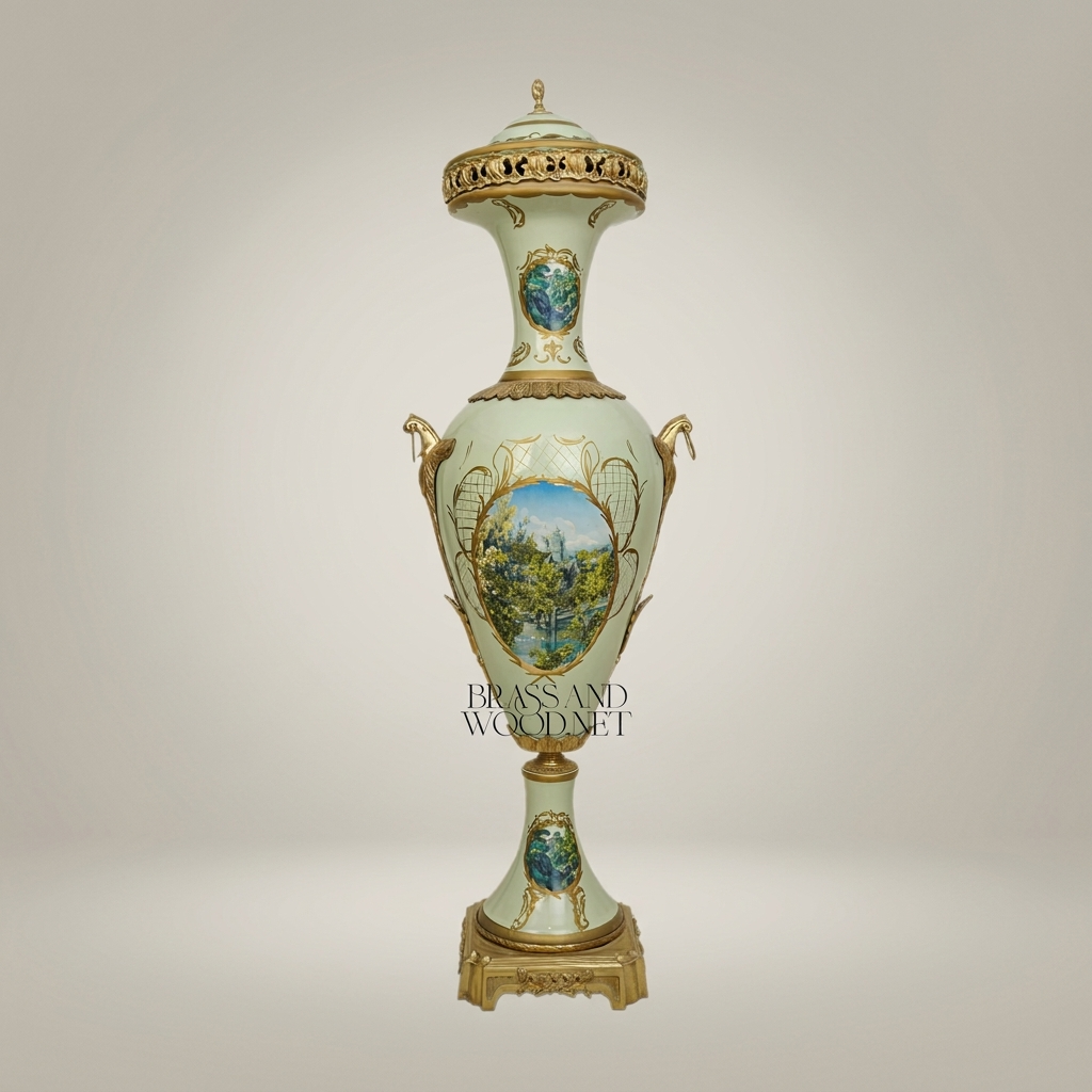 Neoclassical Celadon Ceramic Lidded Urn Vase with Hand-Painted Landscape & Brass Mounts — Antique Gold