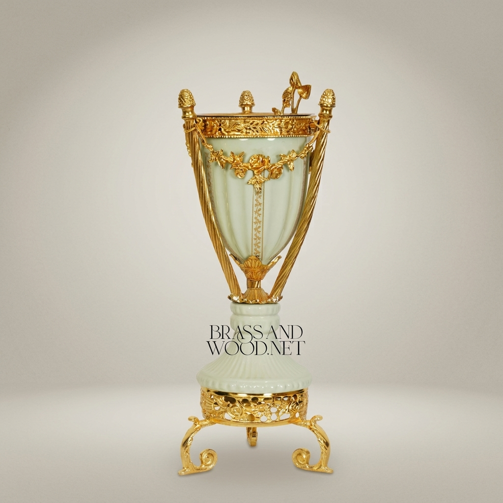Neoclassical Celadon Ceramic Urn with Gilt Ormolu Mounts & Tripod Stand