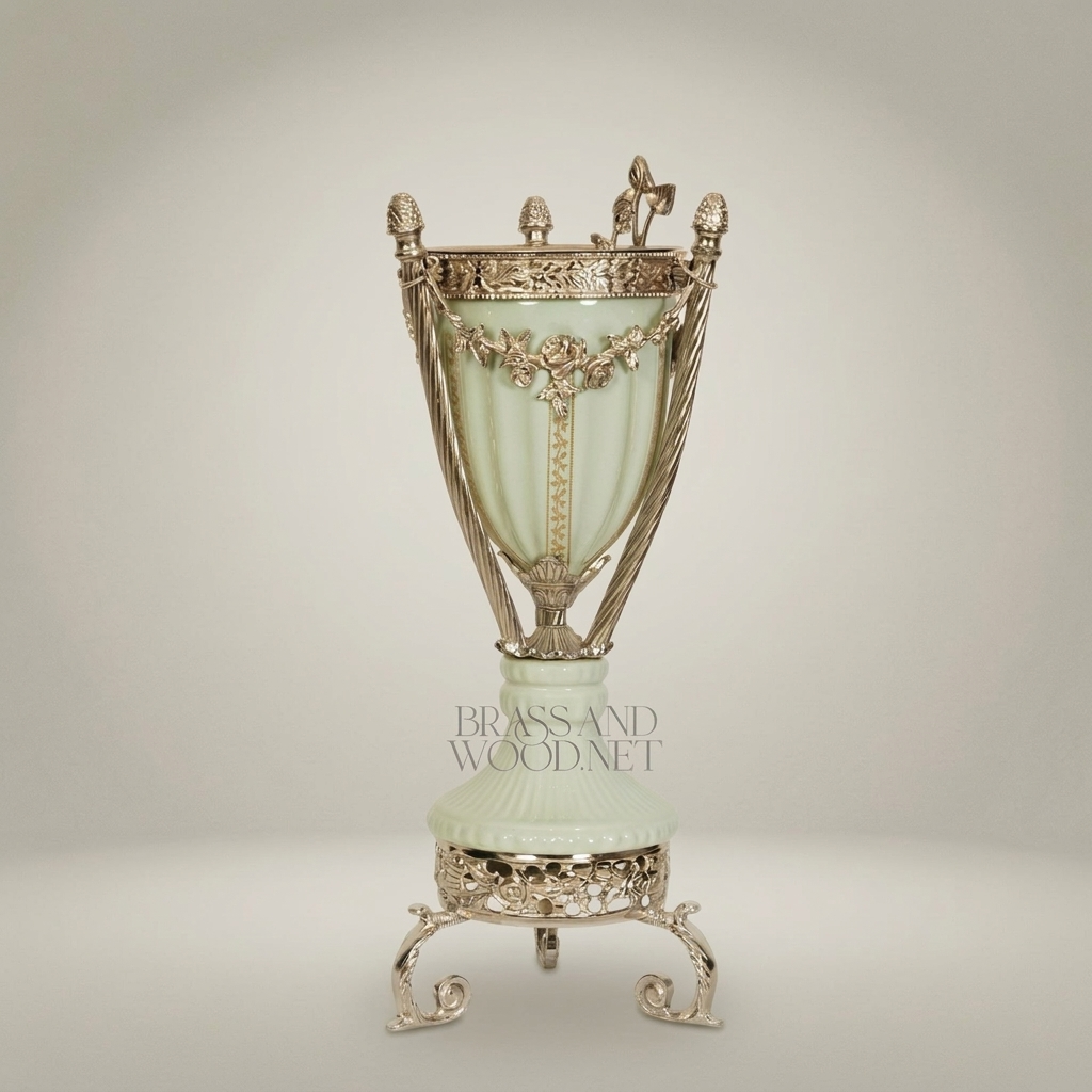 Neoclassical Celadon Ceramic Urn with Gilt Ormolu Mounts & Tripod Stand - Silver