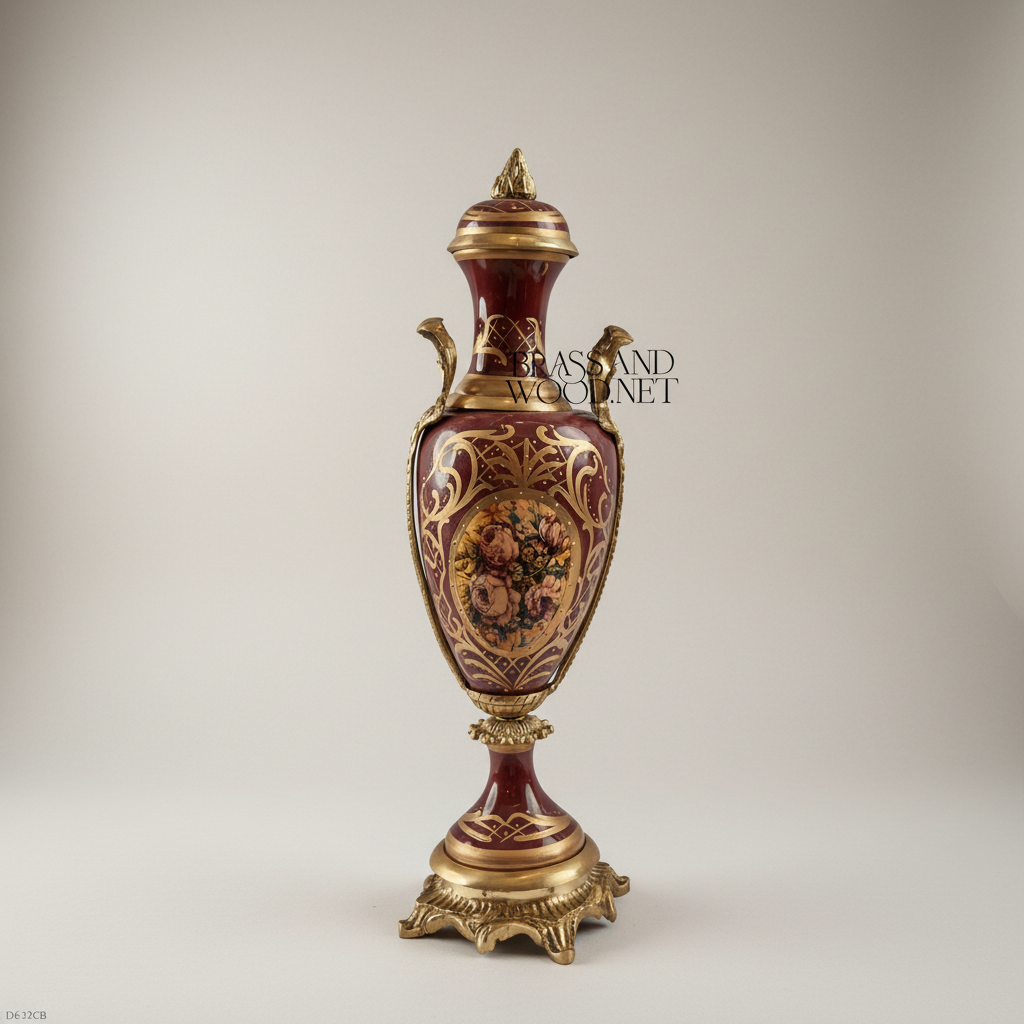 Neoclassical Ceramic & Brass Vase Set – Wine Floral Cartouche with Gilt Mounts — Antique Gold