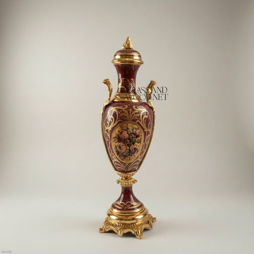 Neoclassical Ceramic & Brass Vase Set – Wine Floral Cartouche with Gilt Mounts