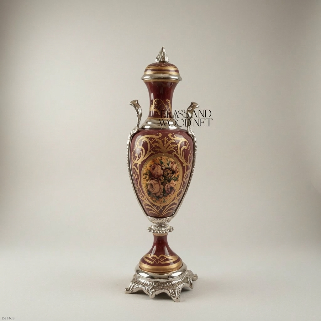 Neoclassical Ceramic & Brass Vase Set – Wine Floral Cartouche with Gilt Mounts — Silver
