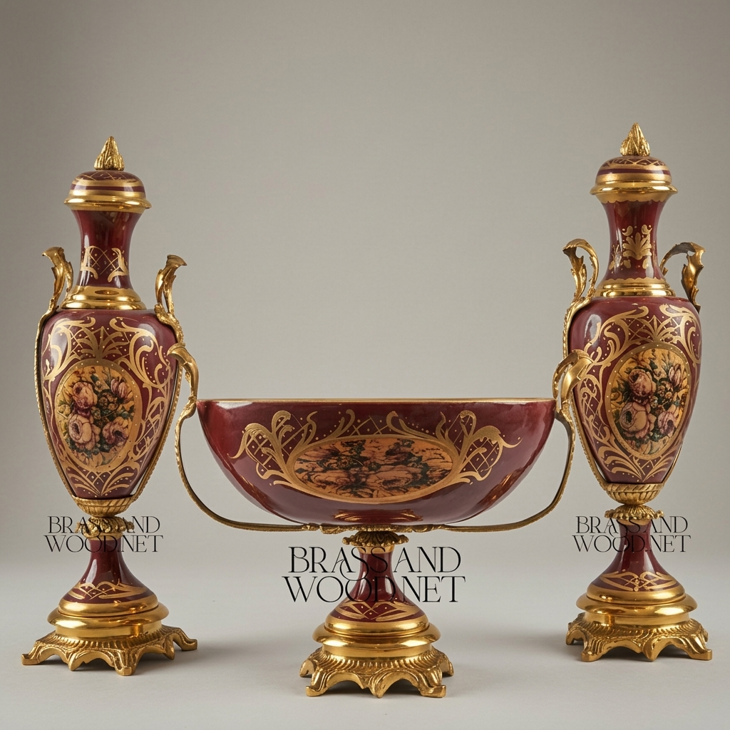 Neoclassical Ceramic & Brass Vase Set – Wine Floral Cartouche with Gilt Mounts