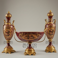 Neoclassical Ceramic & Brass Vase Set – Wine Floral Cartouche with Gilt Mounts — Gold