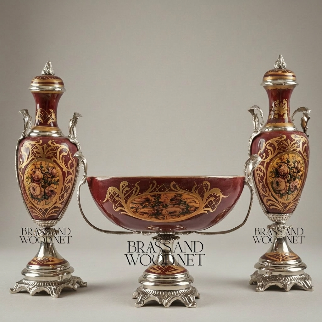 Neoclassical Ceramic & Brass Vase Set – Wine Floral Cartouche with Gilt Mounts — Silver