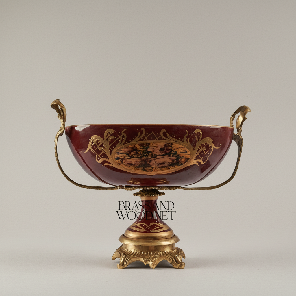 Neoclassical Ceramic & Brass Vase Set – Wine Floral Cartouche with Gilt Mounts — Antique Gold