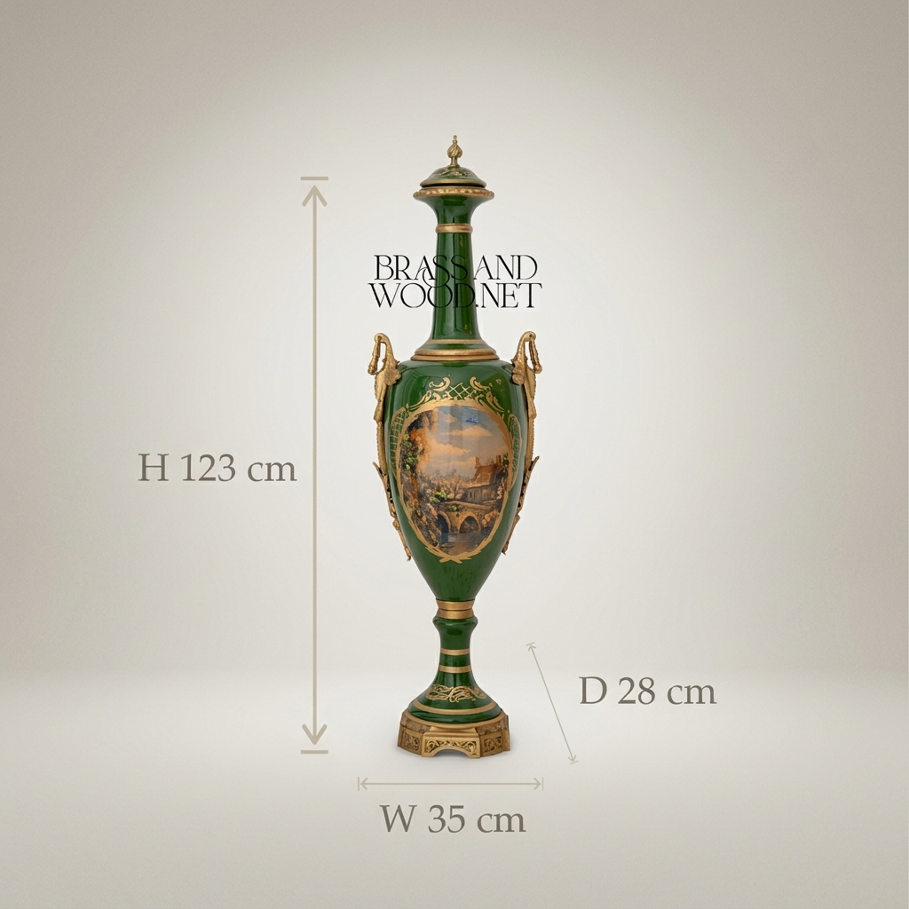 Neoclassical Ceramic Lidded Urn Vase - Emerald Green with Floral Cartouche & Swan Handles — Antique Gold