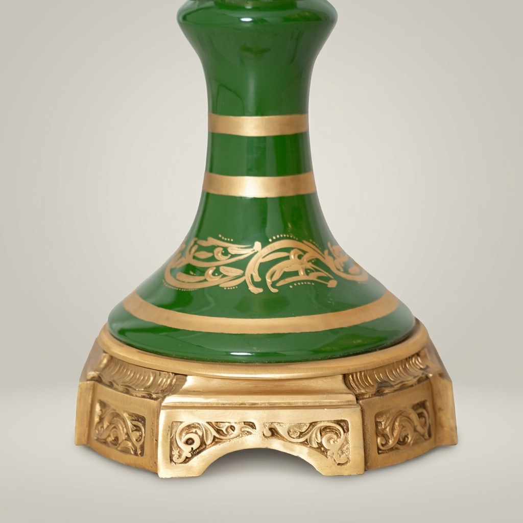 Neoclassical Ceramic Lidded Urn Vase - Emerald Green with Floral Cartouche & Swan Handles — Antique Gold