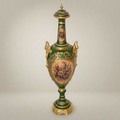 Neoclassical Ceramic Lidded Urn Vase - Emerald Green with Floral Cartouche & Swan Handles — Gold