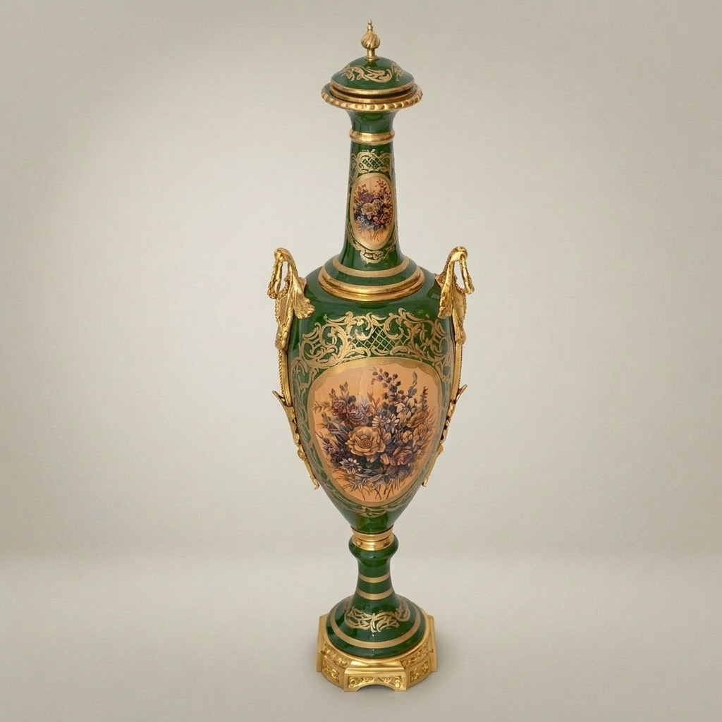 Neoclassical Ceramic Lidded Urn Vase - Emerald Green with Floral Cartouche & Swan Handles — Gold