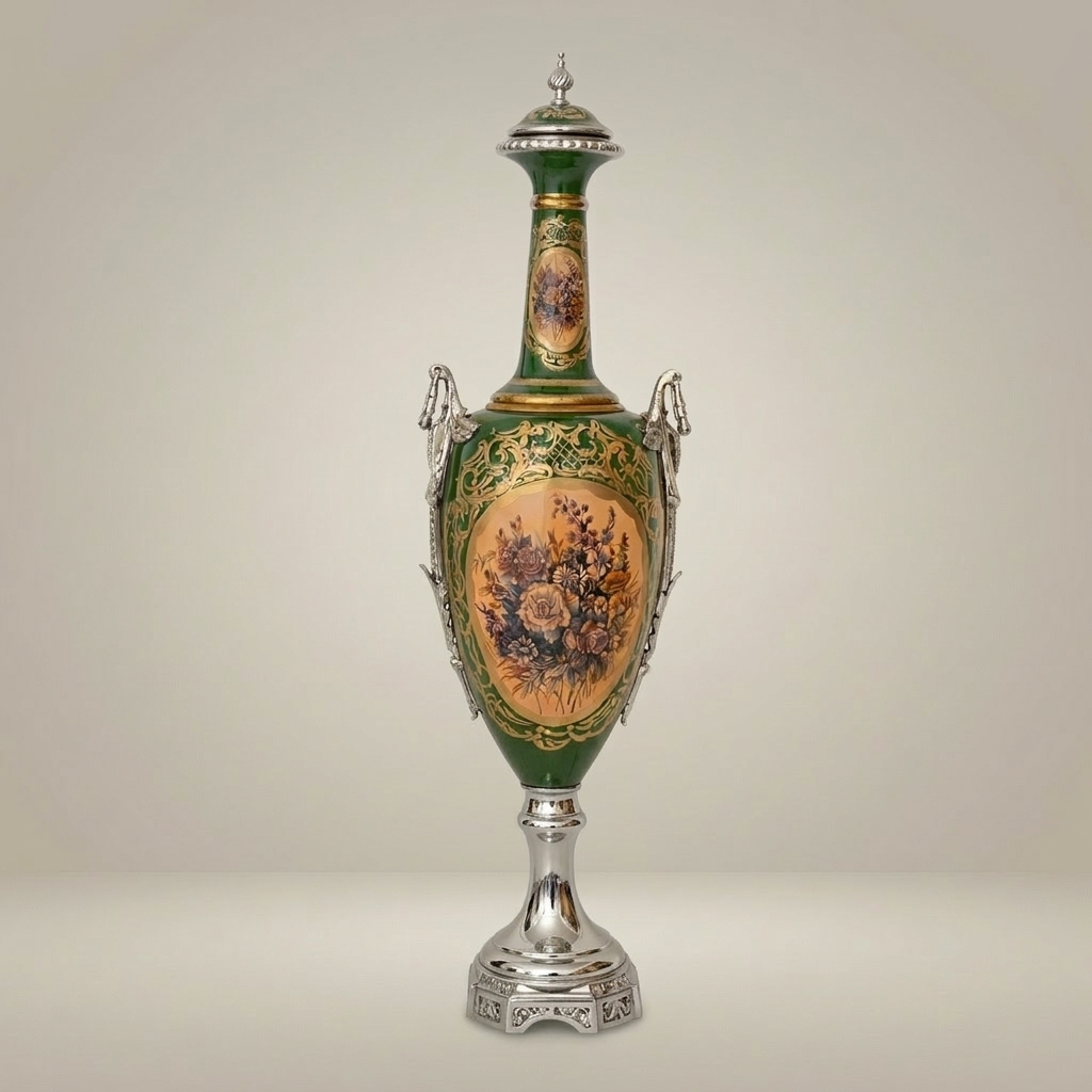 Neoclassical Ceramic Lidded Urn Vase - Emerald Green with Floral Cartouche & Swan Handles — Silver