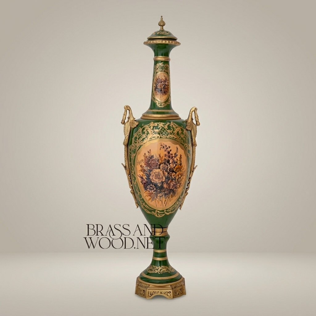 Neoclassical Ceramic Lidded Urn Vase - Emerald Green with Floral Cartouche & Swan Handles — Antique Gold