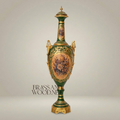 Neoclassical Ceramic Lidded Urn Vase - Emerald Green with Floral Cartouche & Swan Handles