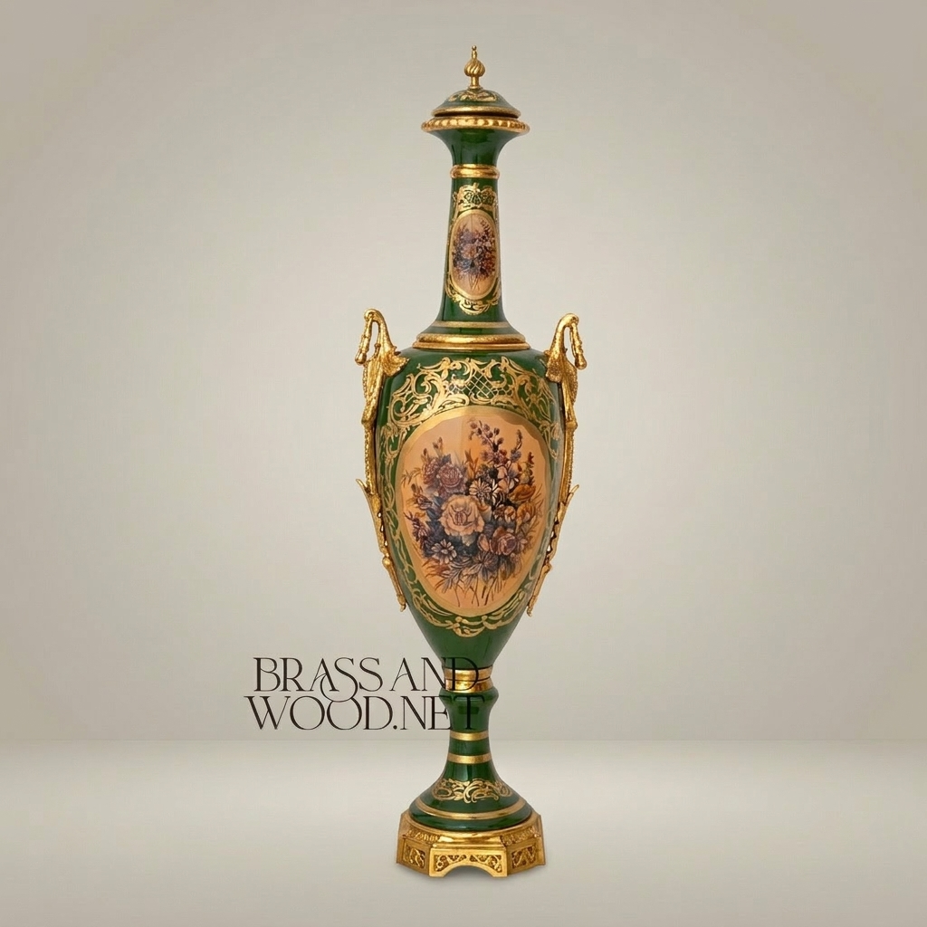 Neoclassical Ceramic Lidded Urn Vase - Emerald Green with Floral Cartouche & Swan Handles — Gold