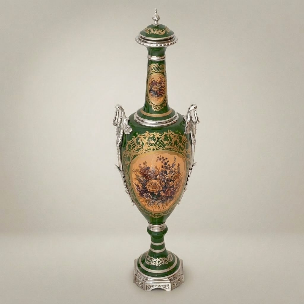 Neoclassical Ceramic Lidded Urn Vase - Emerald Green with Floral Cartouche & Swan Handles — Silver
