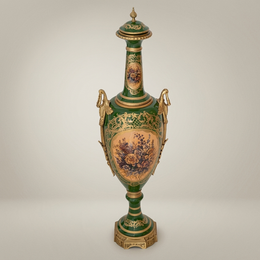 Neoclassical Ceramic Lidded Urn Vase - Emerald Green with Floral Cartouche & Swan Handles — Antique Gold