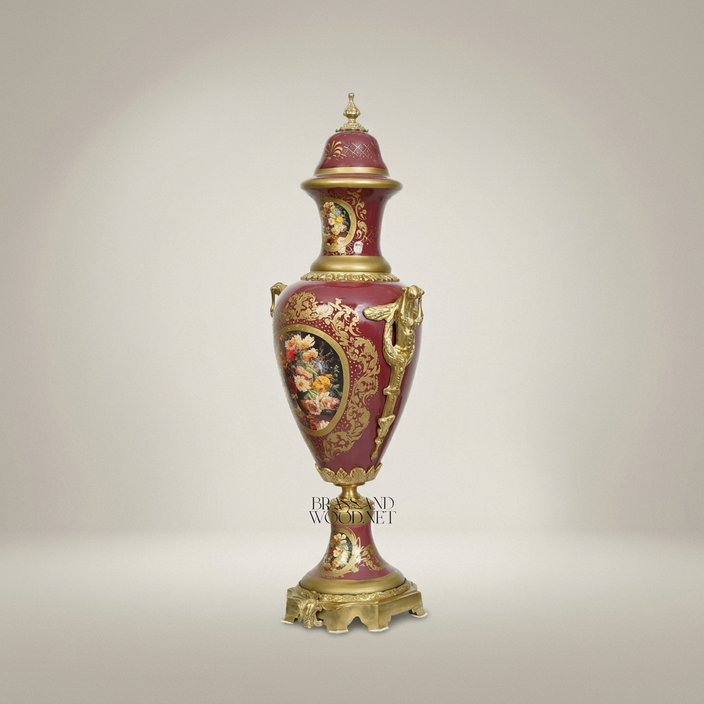 Neoclassical Ceramic Covered Urn Vase with Hand-Painted Floral Cartouche & Gilt Brass Mounts — Antique Gold