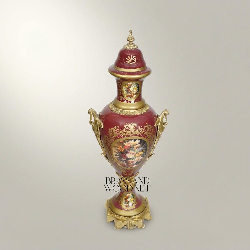 Neoclassical Ceramic Covered Urn Vase with Hand-Painted Floral Cartouche & Gilt Brass Mounts — Antique Gold