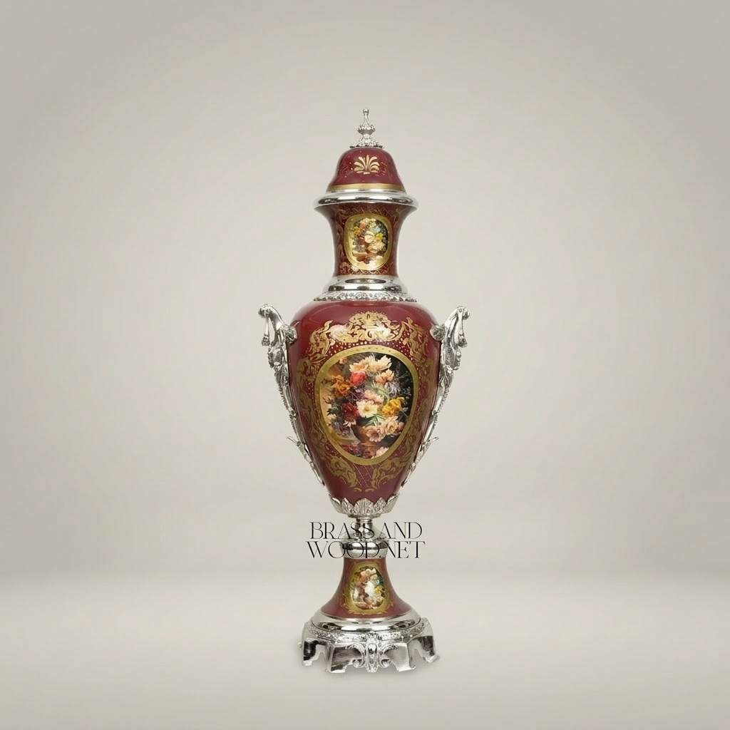 Neoclassical Ceramic Covered Urn Vase with Hand-Painted Floral Cartouche & Gilt Brass Mounts — Silver
