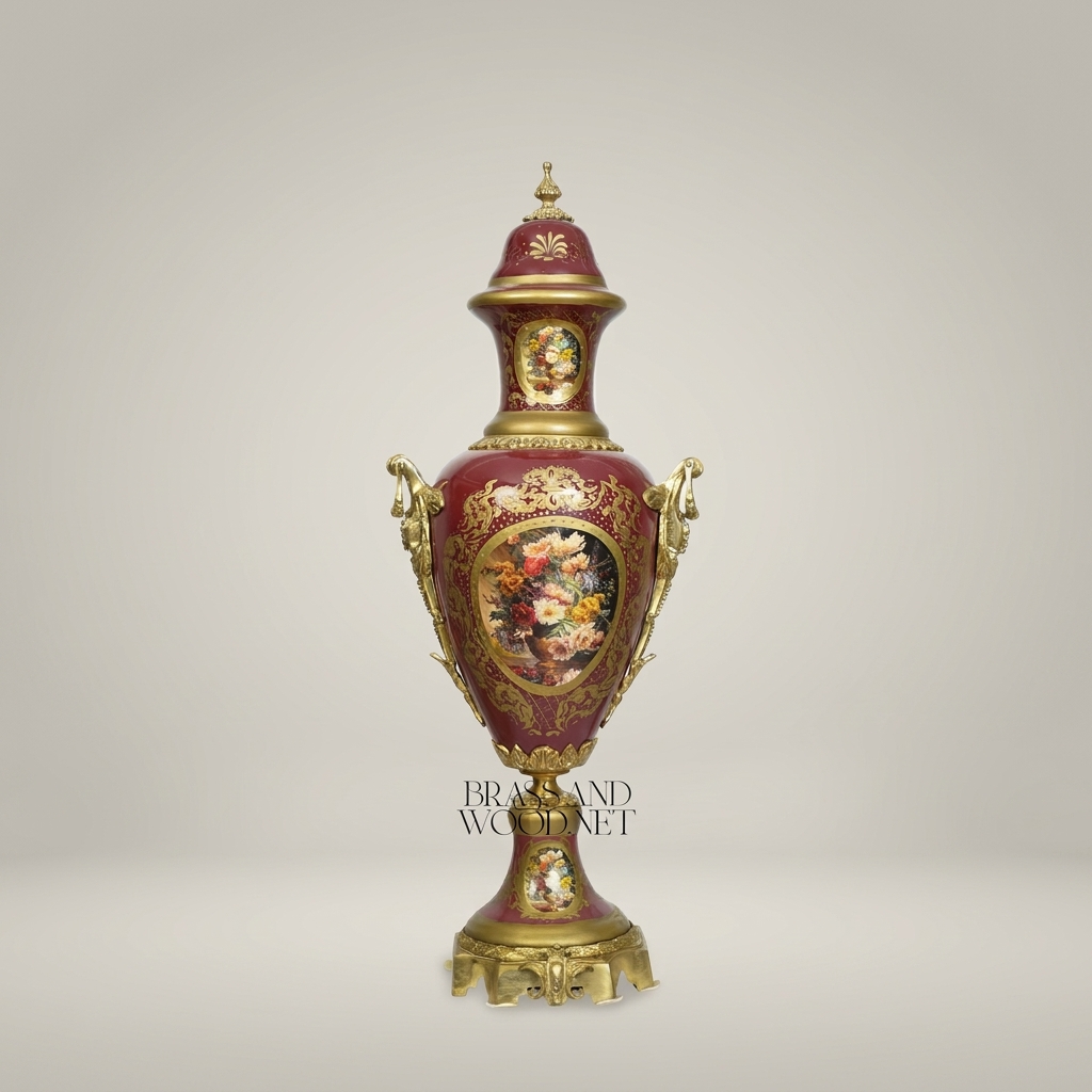 Neoclassical Ceramic Covered Urn Vase with Hand-Painted Floral Cartouche & Gilt Brass Mounts — Antique Gold