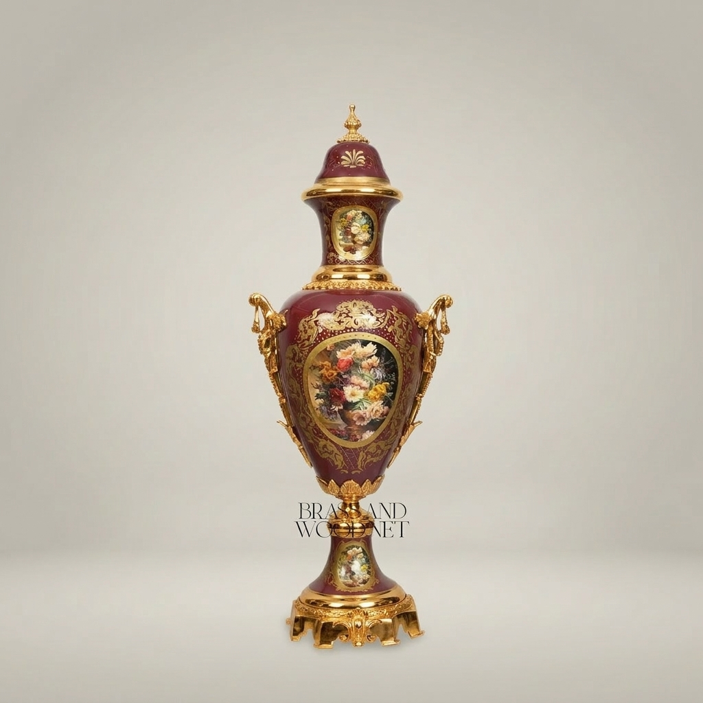 Neoclassical Ceramic Covered Urn Vase with Hand-Painted Floral Cartouche & Gilt Brass Mounts