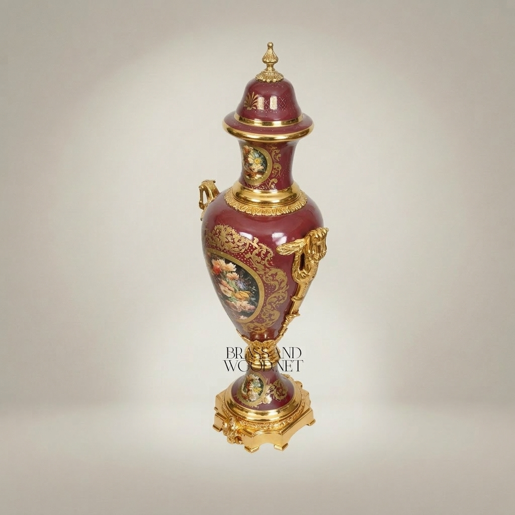 Neoclassical Ceramic Covered Urn Vase with Hand-Painted Floral Cartouche & Gilt Brass Mounts — Gold