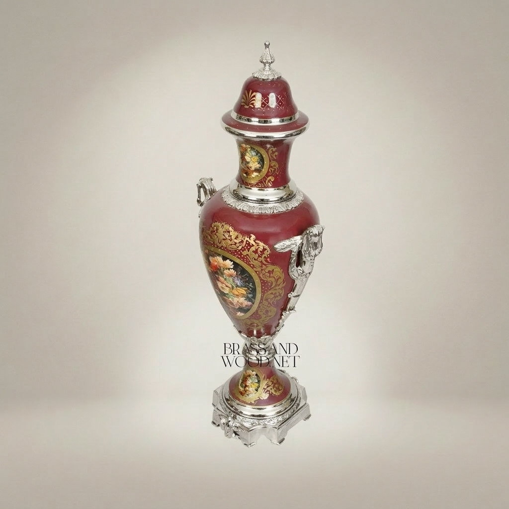 Neoclassical Ceramic Covered Urn Vase with Hand-Painted Floral Cartouche & Gilt Brass Mounts — Silver