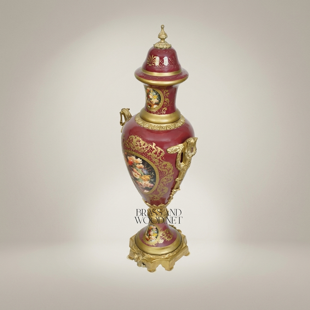 Neoclassical Ceramic Covered Urn Vase with Hand-Painted Floral Cartouche & Gilt Brass Mounts — Antique Gold
