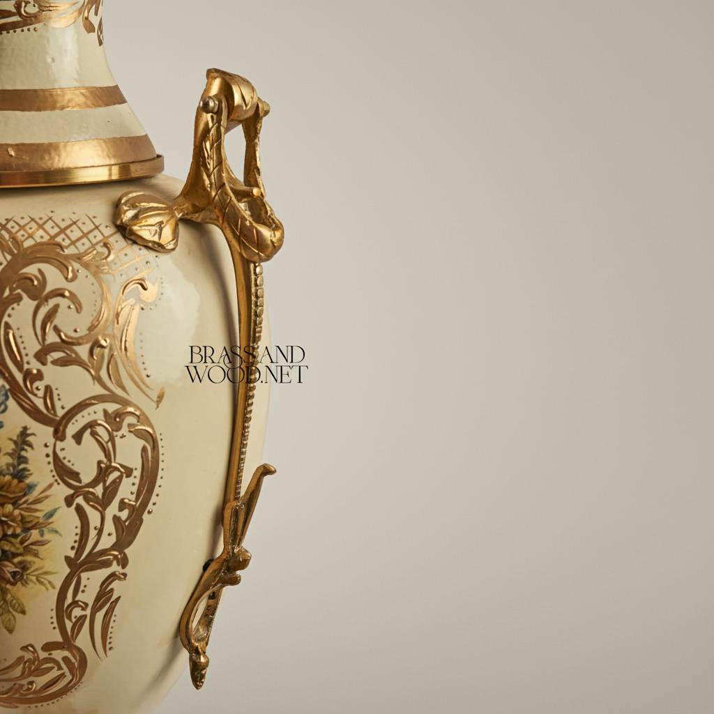 Neoclassical Ceramic Lidded Urn Vase with Floral Medallion & Ornate Brass Mounts — Antique Gold