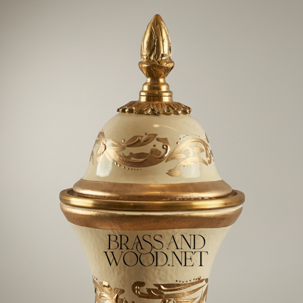 Neoclassical Ceramic Lidded Urn Vase with Floral Medallion & Ornate Brass Mounts — Antique Gold