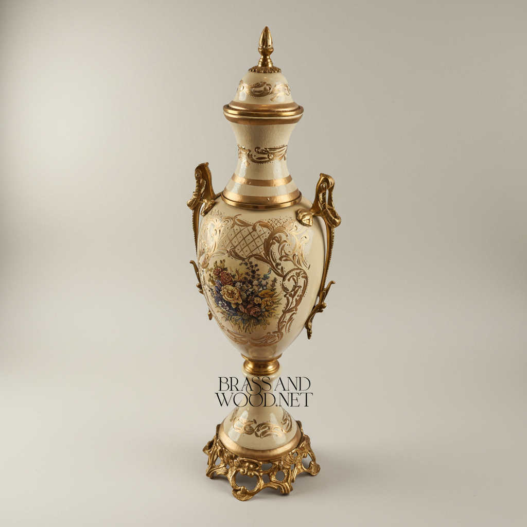 Neoclassical Ceramic Lidded Urn Vase with Floral Medallion & Ornate Brass Mounts — Antique Gold
