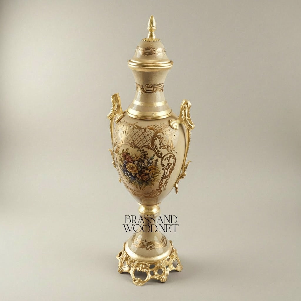 Neoclassical Ceramic Lidded Urn Vase with Floral Medallion & Ornate Brass Mounts
