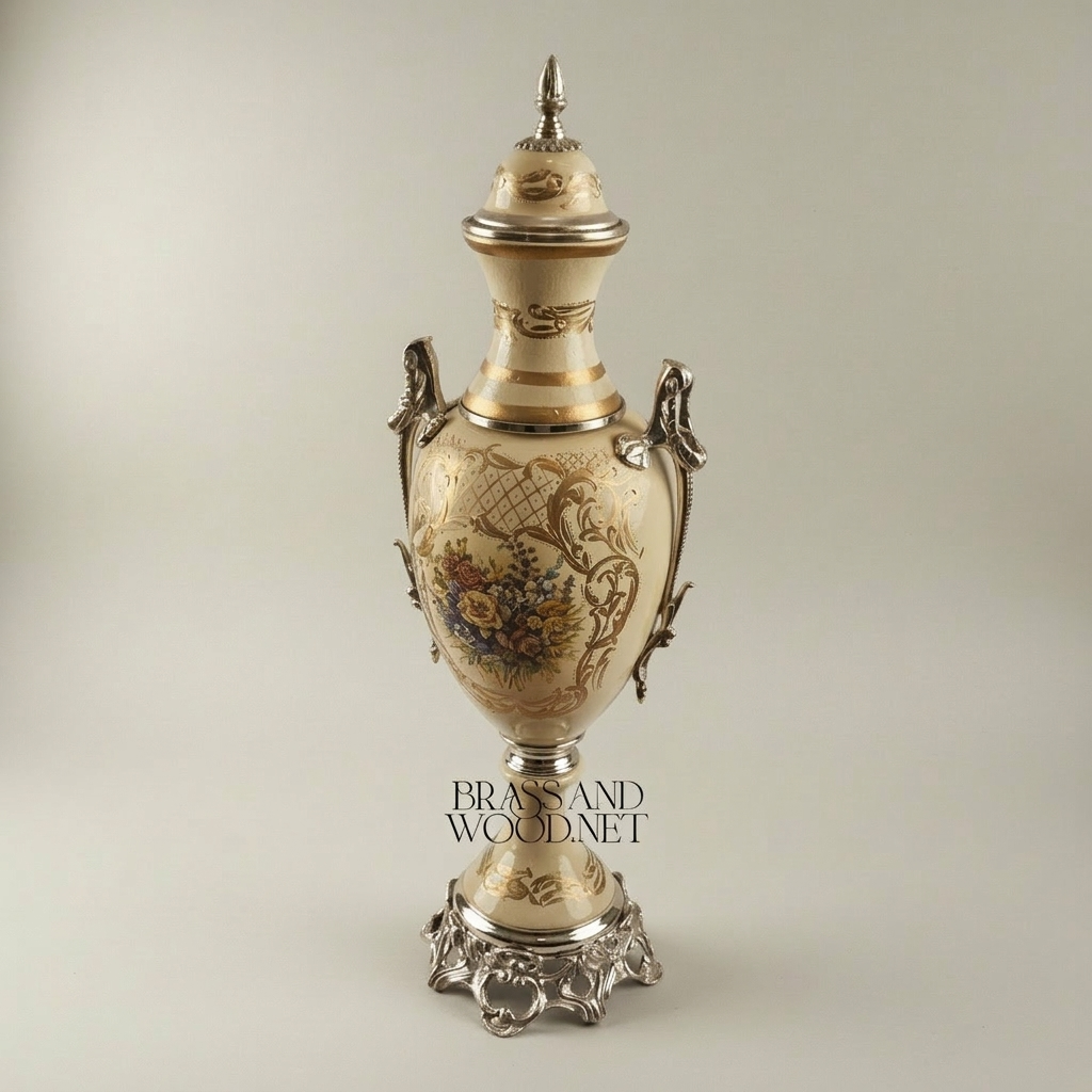 Neoclassical Ceramic Lidded Urn Vase with Floral Medallion & Ornate Brass Mounts — Silver