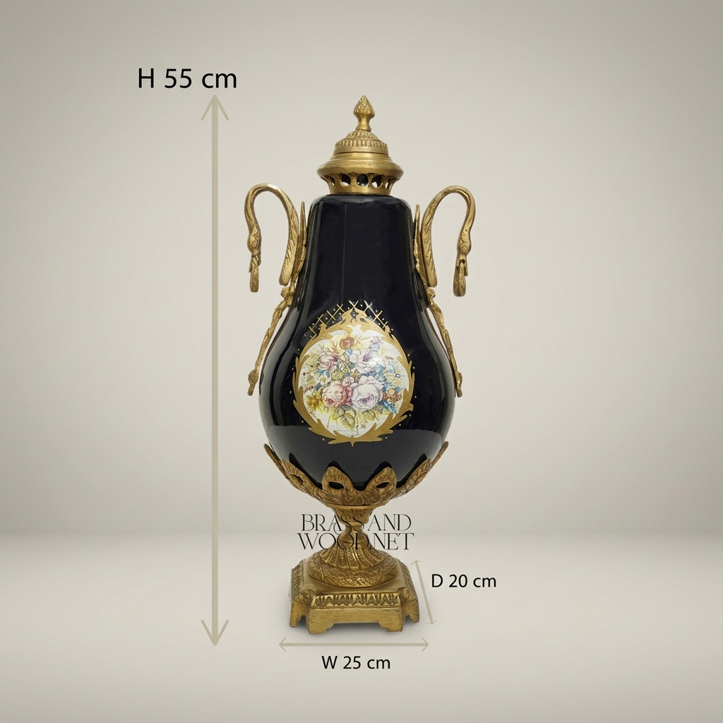 Neoclassical Cobalt Ceramic & Brass Lidded Urn Vase with Swan Handles and Floral Medallion — Antique Gold