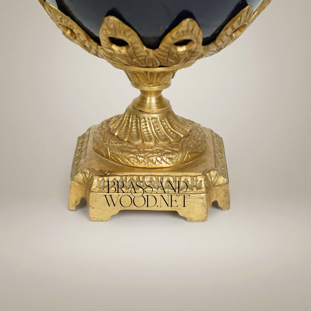 Neoclassical Cobalt Ceramic & Brass Lidded Urn Vase with Swan Handles and Floral Medallion — Antique Gold