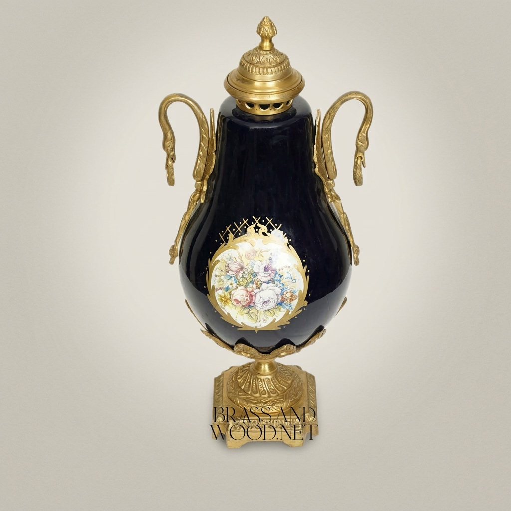 Neoclassical Cobalt Ceramic & Brass Lidded Urn Vase with Swan Handles and Floral Medallion — Antique Gold