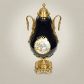 Neoclassical Cobalt Ceramic & Brass Lidded Urn Vase with Swan Handles and Floral Medallion — Gold