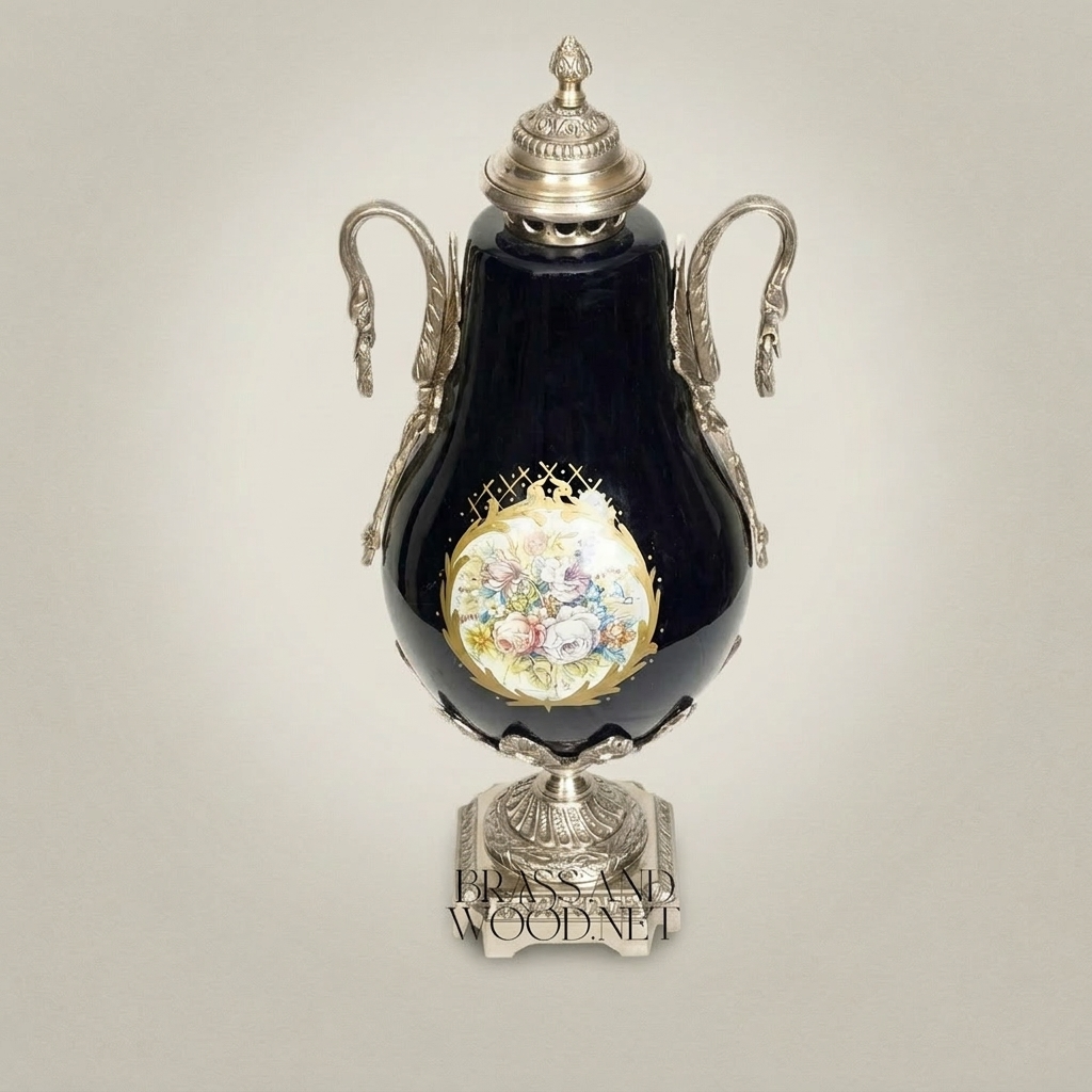 Neoclassical Cobalt Ceramic & Brass Lidded Urn Vase with Swan Handles and Floral Medallion — Silver