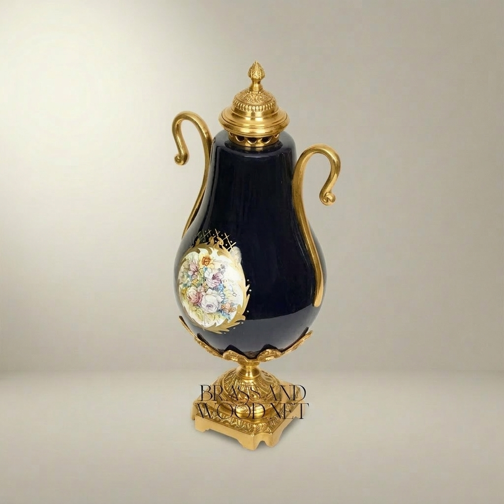 Neoclassical Cobalt Ceramic & Brass Lidded Urn Vase with Swan Handles and Floral Medallion