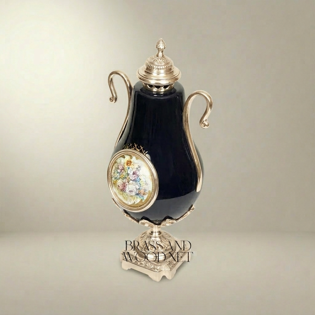 Neoclassical Cobalt Ceramic & Brass Lidded Urn Vase with Swan Handles and Floral Medallion — Silver