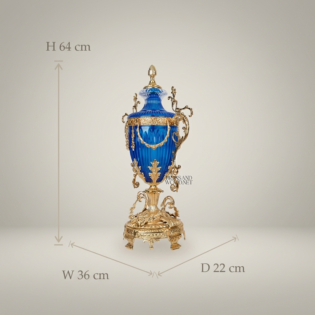 Baroque Lidded Trophy Urn – Cobalt Crystal Body with Scrollwork Brass Mounts