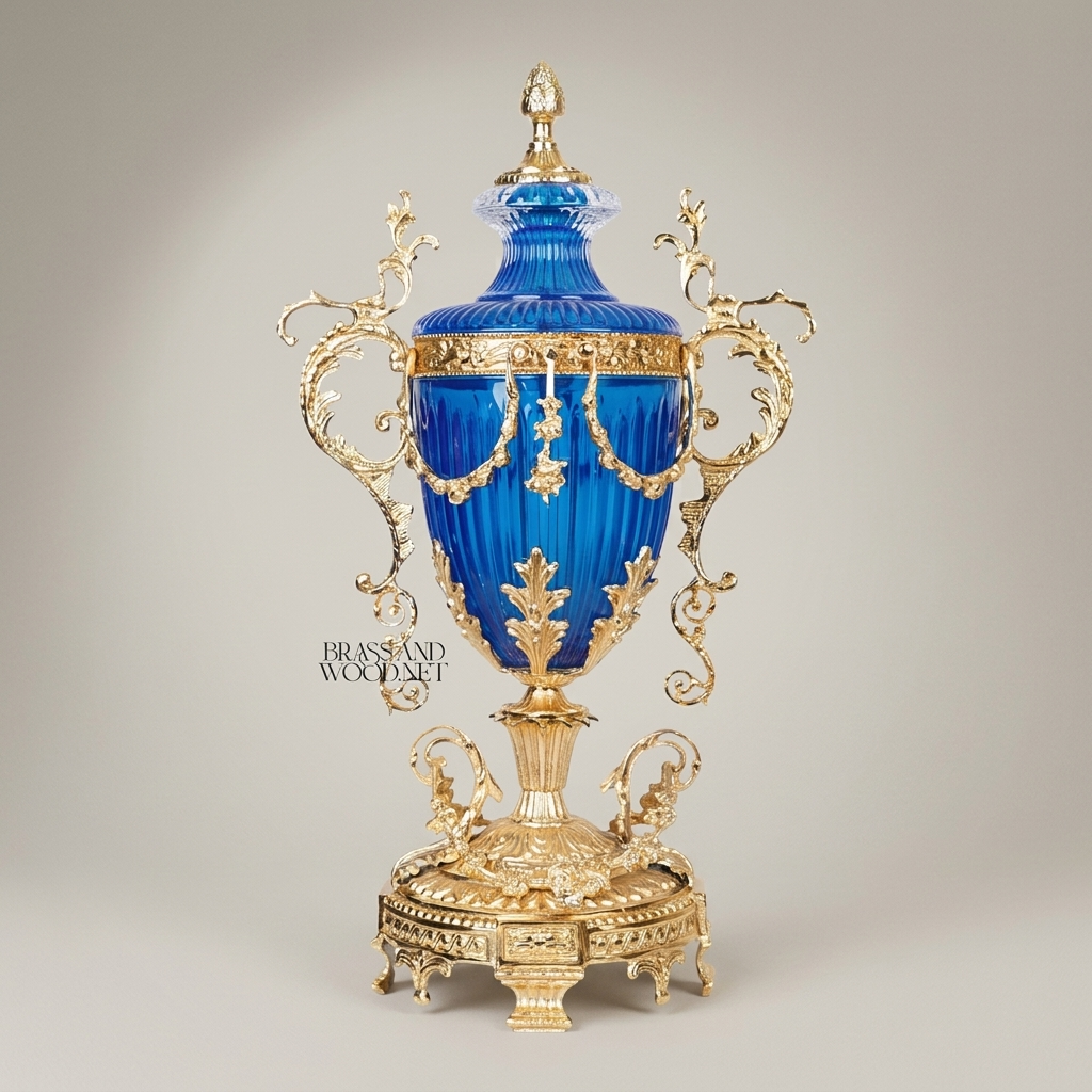 Baroque Lidded Trophy Urn – Cobalt Crystal Body with Scrollwork Brass Mounts